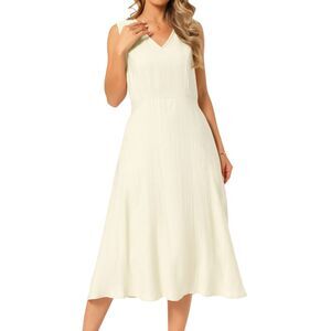 Women's Linen Dress Summer V Neck Casual Tank Midi Dress Apricot